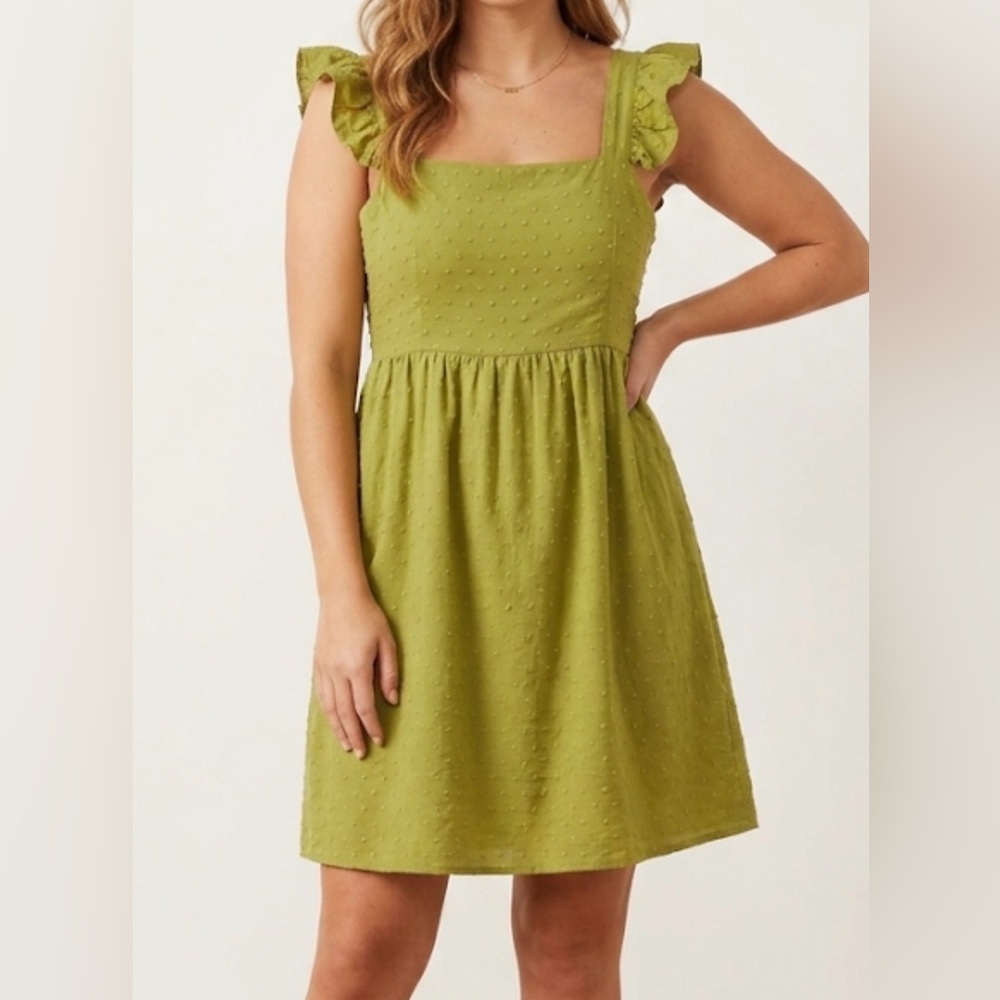 Culture Code Chartreuse Green Clip Dot Ruffle Cutout Back Mini‎ Dress XL CWD1667